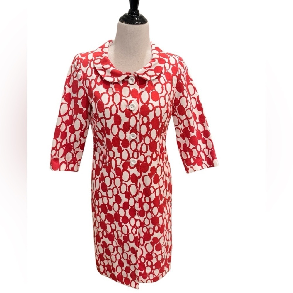 Talbots Petite Red and White Print Button Up 3/4 Sleeve Lined Trench Coat 6P NEW